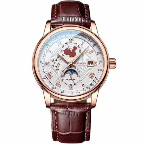 Guanqin Vintage Herren Multifunktions Automatik Selbstaufzug Mechanische Uhr Saphir Business Kalender Woche Leuchtende Mondphase Wasserdichte Uhr Edelstahl oder Lederband Armbanduhr, Rosa, Weiß, Braun von Guanqin