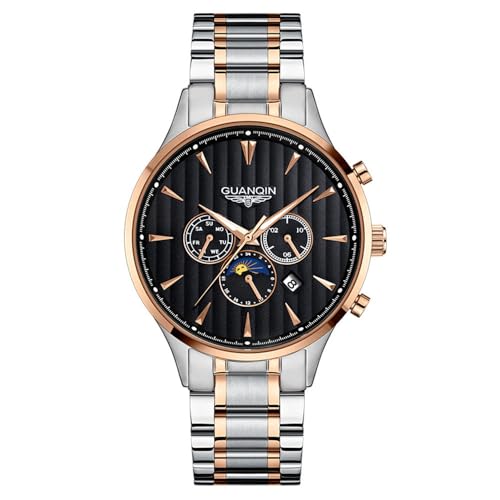 Guanqin Vintage Herren Multifunktions Automatik Selbstaufzug Mechanische Uhr Saphir Geschäftstag Datum Mondphase Leuchtend Wasserdicht Uhr Mann Edelstahl oder Lederband Armbanduhr, Rosafarbener Stahl von Guanqin