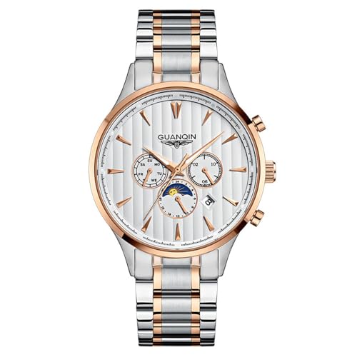 Guanqin Vintage Herren Multifunktions Automatik Selbstaufzug Mechanische Uhr Saphir Geschäftstag Datum Mondphase Leuchtend Wasserdicht Uhr Mann Edelstahl oder Lederband Armbanduhr, Rosenweiß von Guanqin