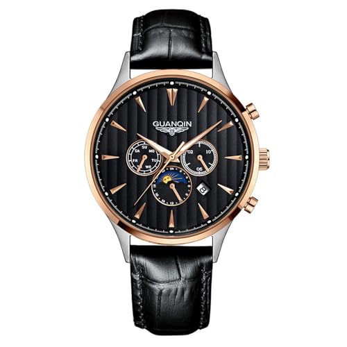 Guanqin Vintage Herren Multifunktions Automatik Selbstaufzug Mechanische Uhr Saphir Geschäftstag Datum Mondphase Leuchtend Wasserdicht Uhr Mann Edelstahl oder Lederband Armbanduhr, Rot-schwarzes Leder von Guanqin