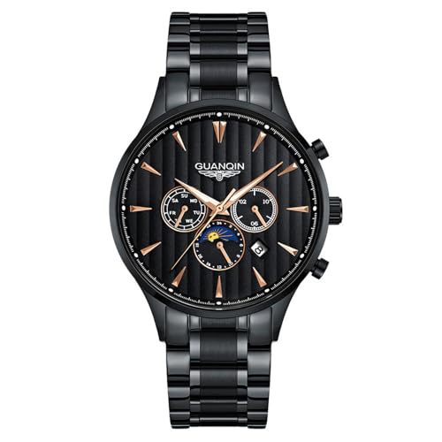Guanqin Vintage Herren Multifunktions Automatik Selbstaufzug Mechanische Uhr Saphir Geschäftstag Datum Mondphase Leuchtend Wasserdicht Uhr Mann Edelstahl oder Lederband Armbanduhr, Schwarzer Stahl von Guanqin
