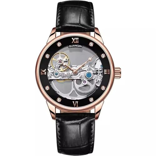 Guanqin Vintage Herren Skelett Automatik Selbstaufzug Mechanische Uhr Saphir Business Doppelseitig Hohl Wasserdicht Leuchtende Uhr Strass Leder oder Edelstahlband Armbanduhr, Rot-schwarzes Leder von Guanqin
