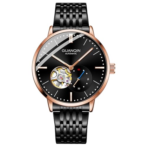 Guanqin Vintage Herren Skelett Automatische Selbstaufzug Mechanische Armbanduhr Saphirglas Business Doppelseitig Hohl Wasserdicht Leuchtende Uhr Männlich Stilvolle Edelstahl Armbanduhr, Rosa / Schwarz von Guanqin