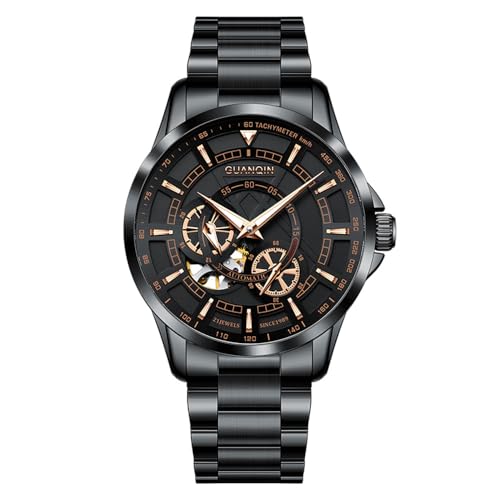 Guanqin Vintage Herren Skelett Multifunktional Automatisch Selbstaufzug Mechanische Armbanduhr Saphir Business Doppelseitig Hohl Wasserdicht Leuchtende Uhr Stilvolle Edelstahl Armbanduhr, Schwarz von Guanqin