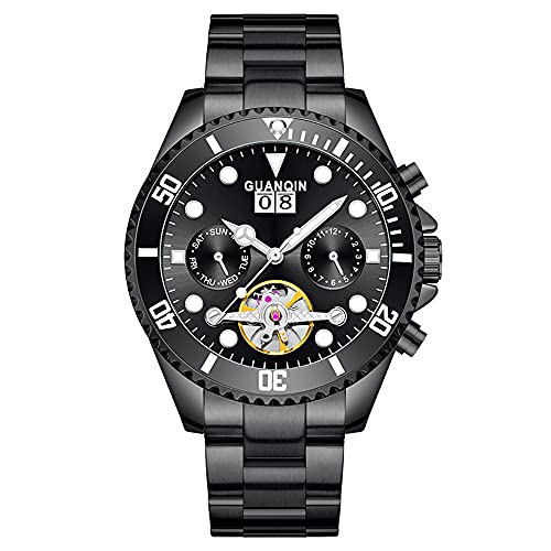Guanqin Vintage Herren Skelett Multifunktional Automatisch Selbstaufzug Mechanische Armbanduhr Saphirglas Business Doppelseitig Hohl Wasserdicht Uhr Mann Leuchtende Edelstahl Armbanduhr, Schwarz von Guanqin