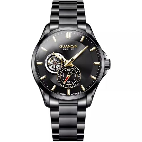 Guanqin Vintage Skelett Automatik Selbstaufzug Mechanische Herren Armbanduhr Saphirglas Business Doppelseitig Hohl Wasserdicht Leuchtende Uhr Männlich Stilvolle Edelstahl Armbanduhr, Schwarz von Guanqin