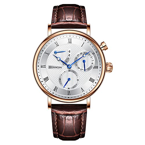Herren-Armbanduhr, Vintage, automatisch, selbstaufziehend, mechanisch, Saphirglas, Business-Kalender, Energiereserveanzeige, wasserdichte Uhr, Herren, stilvolle Armbanduhr aus echtem Leder, Rosa, Weiß von Guanqin