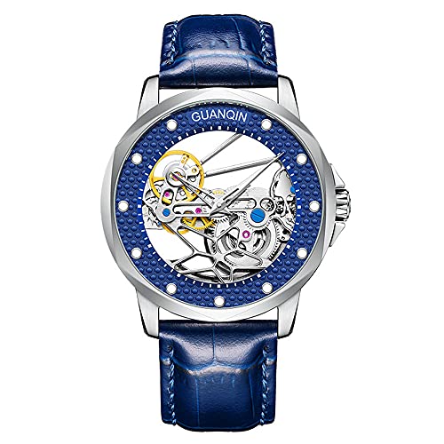 Vintage Herren Skelett Automatik Selbstaufzug Mechanische Uhr Saphirglas Business Doppelseitig Hohl Wasserdicht Leuchtende Uhr Mann Echtes Leder oder Gummiband Armbanduhr, Blaues Leder, Klassisch von Guanqin