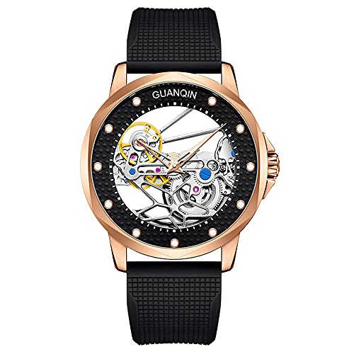 Vintage Herren Skelett Automatik Selbstaufzug Mechanische Uhr Saphirglas Business Doppelseitig Hohl Wasserdicht Leuchtende Uhr Mann Echtes Leder oder Gummiband Armbanduhr, Rosé-schwarzes Gummi von Guanqin