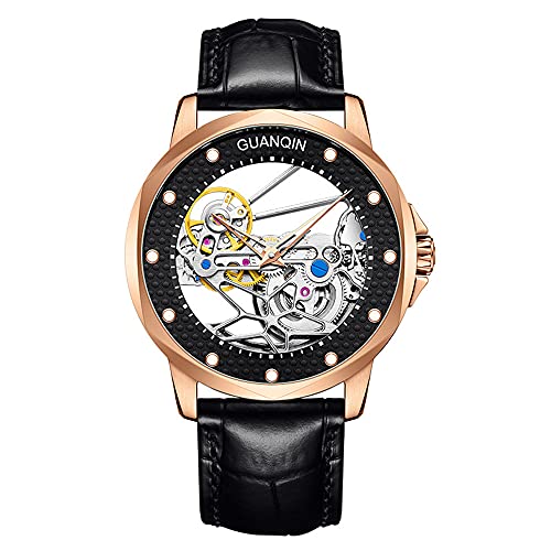 Vintage Herren Skelett Automatik Selbstaufzug Mechanische Uhr Saphirglas Business Doppelseitig Hohl Wasserdicht Leuchtende Uhr Mann Echtes Leder oder Gummiband Armbanduhr, Rot-schwarzes Leder von Guanqin
