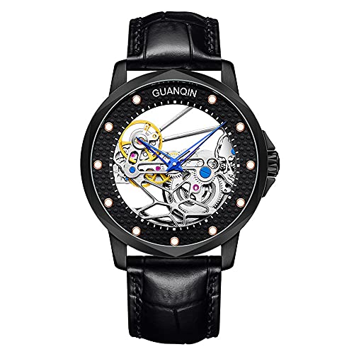 Vintage Herren Skelett Automatik Selbstaufzug Mechanische Uhr Saphirglas Business Doppelseitig Hohl Wasserdicht Leuchtende Uhr Mann Echtes Leder oder Gummiband Armbanduhr, Schwarzes Leder, Klassisch von Guanqin