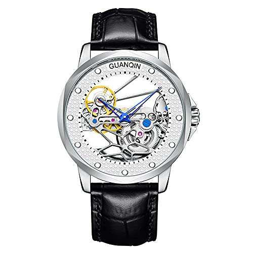 Vintage Herren Skelett Automatik Selbstaufzug Mechanische Uhr Saphirglas Business Doppelseitig Hohl Wasserdicht Leuchtende Uhr Mann Echtes Leder oder Gummiband Armbanduhr, Weiß schwarzes Leder von Guanqin