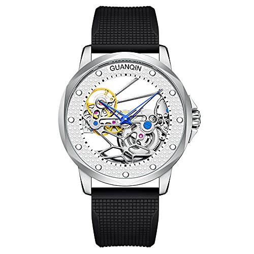 Vintage Herren Skelett Automatik Selbstaufzug Mechanische Uhr Saphirglas Business Doppelseitig Hohl Wasserdicht Leuchtende Uhr Mann Echtes Leder oder Gummiband Armbanduhr, Weißes, schwarzes Gummi von Guanqin
