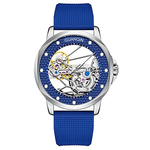 Vintage Herren Skelett Automatik Selbstaufzug Mechanische Uhr Saphirglas Business Doppelseitig Hohl Wasserdicht Leuchtende Uhr Mann Echtes Leder oder Gummiband Armbanduhr, blauer Gummi, Klassisch Vintage Herren Skelett Automatik Selbstaufzug Mechanische Uhr Saphirglas Business Doppelseitig Hohl Wasserdicht Leuchtende Uhr Mann Echtes Leder oder Gummiband Armbanduhr, blauer Gummi, Klassisch von Guanqin
