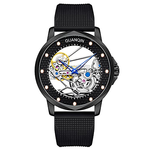 Vintage Herren Skelett Automatik Selbstaufzug Mechanische Uhr Saphirglas Business Doppelseitig Hohl Wasserdicht Leuchtende Uhr Mann Echtes Leder oder Gummiband Armbanduhr, schwarzer gummi, Klassisch von Guanqin
