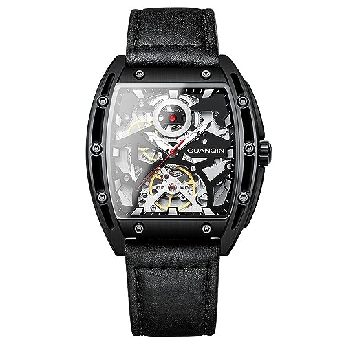 Vintage Herren-Skelett-Zifferblatt, automatisch, selbstaufziehend, mechanische Uhr, Saphirglas, Business, doppelseitig, hohl, wasserdicht, echtes Leder, tonneauförmig, leuchtende Armbanduhr, Schwarz von Guanqin