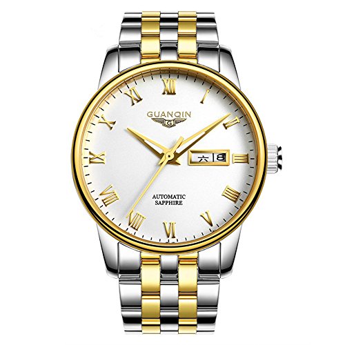 GUANQIN Herren Analog Display Sport Beliebte Marke Automatisch Selbstaufzug Mechanische Edelstahl Business Armbanduhr Datum Leuchtend Wasserdicht Silber Gold Weiß, weißgold, Armband von Guanqin