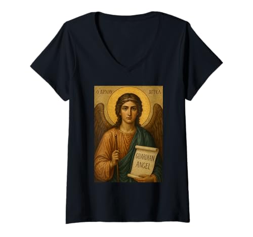 Damen Ikone des Schutzengels - orthodoxer Katholik T-Shirt mit V-Ausschnitt Damen Ikone des Schutzengels - orthodoxer Katholik T-Shirt mit V-Ausschnitt von Guardian Angel Gifts & Co.