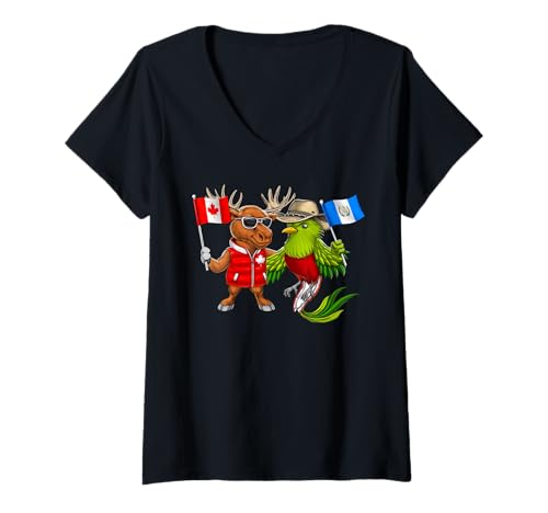 Damen Kanadischer Elch Guatemaltekischer Quetzal Vogel Kanada T-Shirt mit V-Ausschnitt von Guatemala Heritage Guatemalan