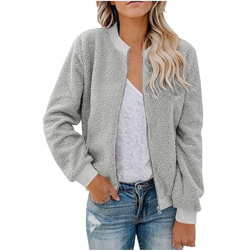 Gubsssl Fleecejacke Damen Plüschjacke Teddyjacke Wollmantel ohne Kapuze Winterjacke Gefütterte Jacke Kuscheljacke Sweatjacke Wintermantel Kleidung Frauen Mantel Grau M von Gubsssl