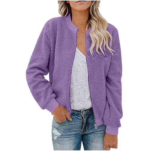 Gubsssl Fleecejacke Damen Plüschjacke Teddyjacke Wollmantel ohne Kapuze Winterjacke Gefütterte Jacke Kuscheljacke Sweatjacke Wintermantel Kleidung Frauen Mantel Lila L von Gubsssl