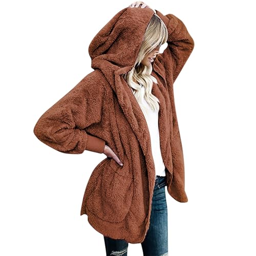 Gubsssl Fleecejacke Damen Teddy Jacke Lang Strickjacke Warme Teddyjacke Einfarbig Wintermantel Wollmantel Kuscheljacke Winterjacke Kapuzenjacke Winter Cardigan Frauen Mantel Oversize Kleidung Kaffee S von Gubsssl