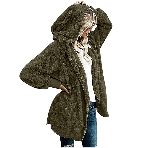Gubsssl Fleecejacke Damen Teddy Jacke Lang Strickjacke Warme Teddyjacke Einfarbig Wintermantel Wollmantel Kuscheljacke Winterjacke Kapuzenjacke Winter Cardigan Kleidung Frauen Mantel Armee Grün L von Gubsssl