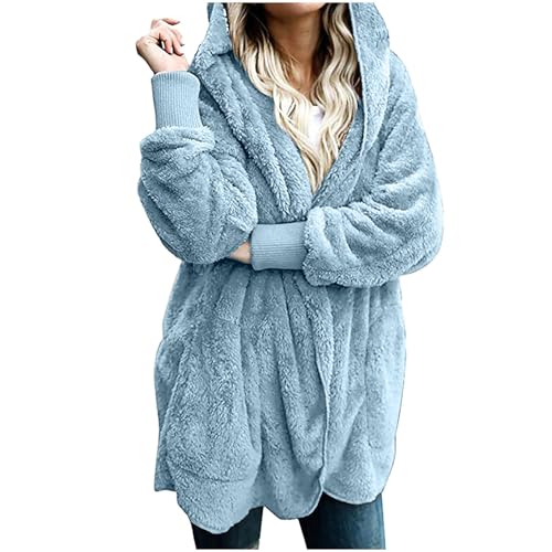Gubsssl Fleecejacke Damen Teddy Jacke Lang Strickjacke Warme Teddyjacke Einfarbig Wintermantel Wollmantel Kuscheljacke Winterjacke Kapuzenjacke Winter Cardigan Kleidung Frauen Mantel Himmelblau S von Gubsssl