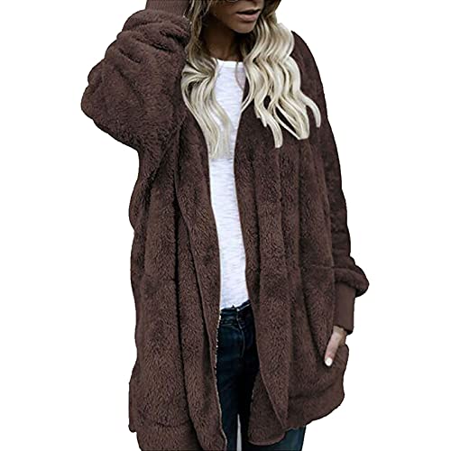 Gubsssl Fleecejacke Damen Teddy Jacke Lang Strickjacke Warme Teddyjacke Einfarbig Wintermantel Wollmantel Kuscheljacke Winterjacke Kapuzenjacke Winter Cardigan Kleidung Frauen Mantel Kaffee XXL von Gubsssl