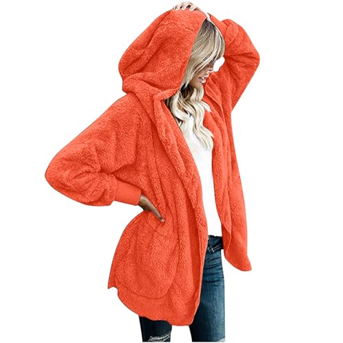 Gubsssl Fleecejacke Damen Teddy Jacke Lang Strickjacke Warme Teddyjacke Einfarbig Wintermantel Wollmantel Kuscheljacke Winterjacke Kapuzenjacke Winter Cardigan Kleidung Frauen Mantel Orange 4XL von Gubsssl