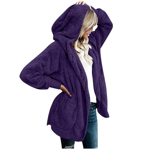 Gubsssl Fleecejacke Damen Teddy Jacke Lang Strickjacke Warme Teddyjacke Einfarbig Wintermantel Wollmantel Kuscheljacke Winterjacke Kapuzenjacke Winter Cardigan Oversize Kleidung Frauen Mantel Lila 3XL von Gubsssl