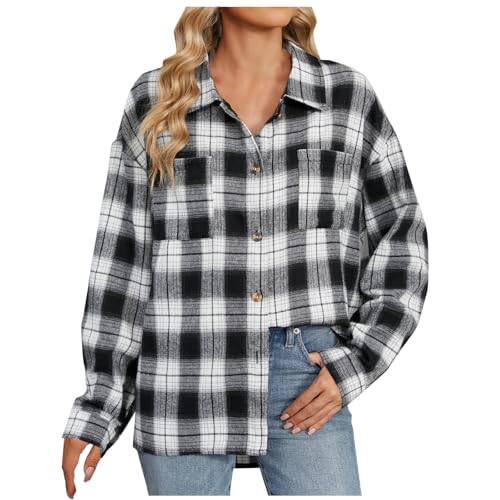 Gubsssl Hemd Damen Karierte Hemdjacke Casual Karohemd Elegant Hemdbluse Holzfällerhemd Langarmshirt Shacket Bluse Jacke Longbluse Frauen Kleidung Oversize Obertile Flanellhemd Weiß XXL von Gubsssl