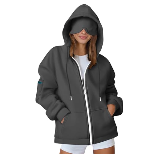Gubsssl Sweatjacke Damen Sweatshirt Warme Kapuzenjacke mit Integrierter Augenmaske Sportjacke Zipper Winter Jacke Winterjacke Einfarbig Kapuzenpullover Frauen Training Streetwear HoodieDunkelgrauXL von Gubsssl