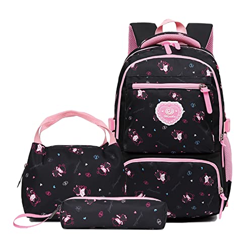 Rucksack Mädchen Schultaschen Set, Schulrucksack mit Lunch-Taschen Federmäppchen 3 Teile Set Bedruckte Lässige Tagesrucksäcke Geeignet für Kinder/Grundschüler/Schüler der Mittelstufe/Teens (Schwarz) von GudeHome