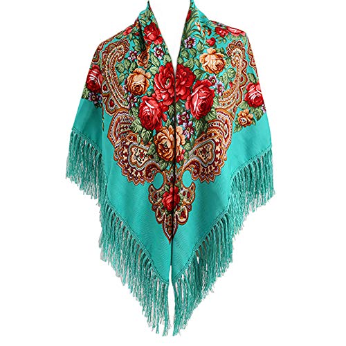 Gudessly Damen Traditioneller Schal Wickeltuch Quaste Schal Fransen Hals Kopftuch Retro Schal Blumenponcho Druck Schal, Grün, Einheitsgröße von Gudessly