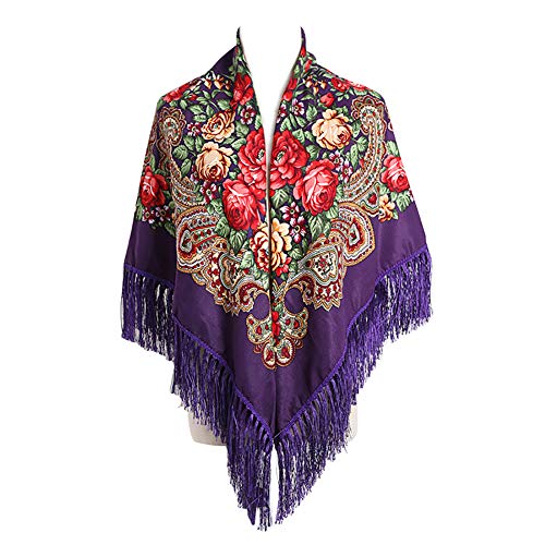 Gudessly Damen Traditioneller Schal Wickeltuch Quaste Schal Fransen Hals Kopftuch Retro Schal Blumenponcho Druck Schal, Violett dunkel von Gudessly