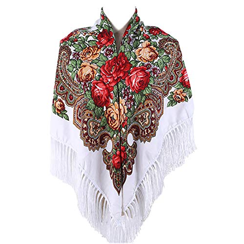 Gudessly Damen Traditioneller Schal Wickeltuch Quaste Schal Fransen Hals Kopftuch Retro Schal Blumenponcho Druck Schal, Weiss/opulenter Garten von Gudessly