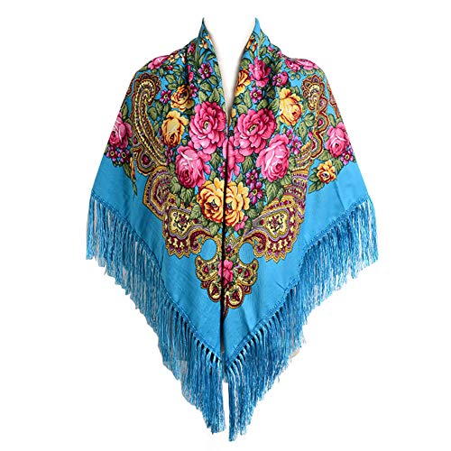 Gudessly Damen Traditioneller Schal Wickeltuch Quaste Schal Fransen Hals Kopftuch Retro Schal Blumenponcho Druck Schal, Himmelblau, Einheitsgröße von Gudessly