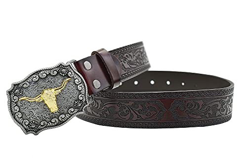 Gudoye Western-Kuhkopf Cowboy-Druck Schnitzerei Blume Retro Männer Ledergürtel, coffee, 110 cm von Gudoye