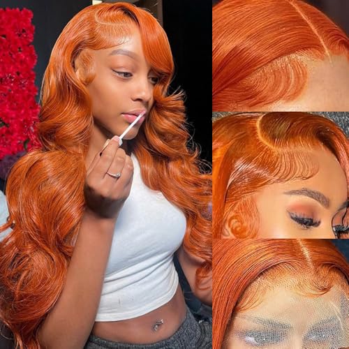 Guebb Spitzenperücken vorne Ingwerorange Nr. 350, gewelltes Echthaar, Material: 100 % unverarbeitete brasilianische Echthaarperücken, ohne Klebstoff, für schwarze Frauen, geschnitten von Guebb