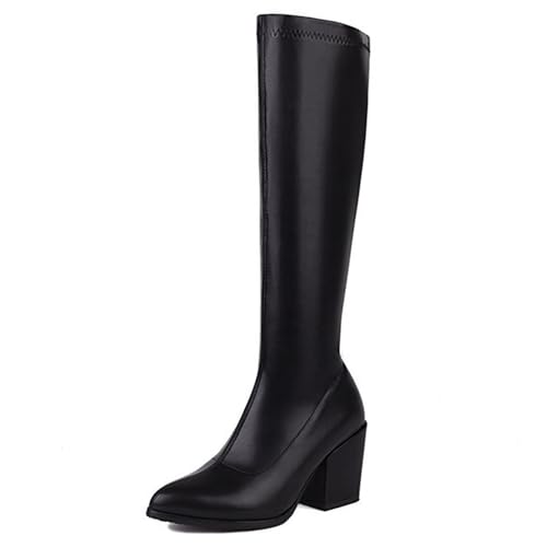 Gueploer Chunky Heel High Stiefel Für Damen, Spitzer Seitlicher Reißverschluss Slims Lange Stiefel Für Alltag, Party, Büro,Schwarz,39 EU von Gueploer