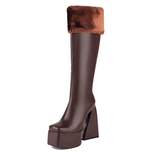 Gueploer Chunky Heel Lange Stiefel, Frauen Square Toe Plateau Kniehohe Stiefel Für Party, Alltag,Braun,37 EU von Gueploer
