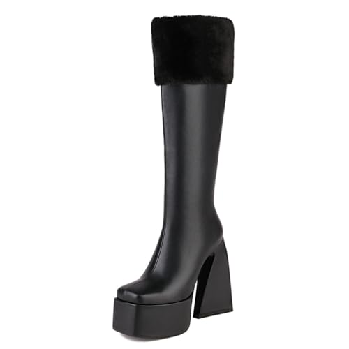 Gueploer Chunky Heel Lange Stiefel, Frauen Square Toe Plateau Kniehohe Stiefel Für Party, Alltag,Schwarz,42 EU von Gueploer