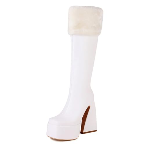 Gueploer Chunky Heel Lange Stiefel, Frauen Square Toe Plateau Kniehohe Stiefel Für Party, Alltag,Weiß,41 EU von Gueploer