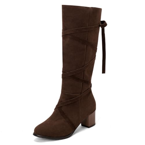 Gueploer Chunky Heels Hohe Stiefel, Frauen Runde Spitze Wildleder Lange Stiefel Mit Für Party, Täglich, Bankett,1#,35 EU von Gueploer