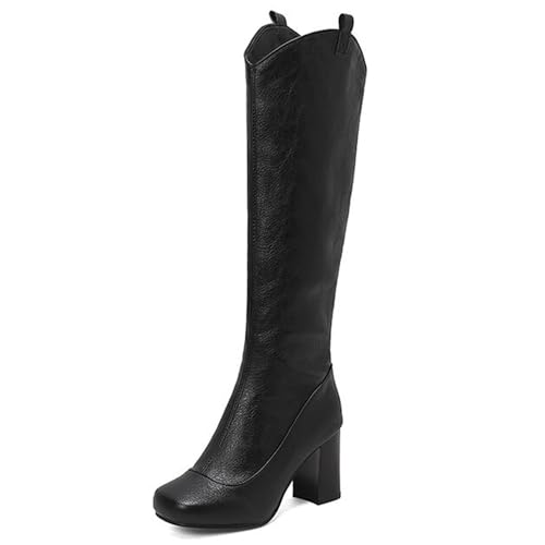 Gueploer Chunky Heels Hohe Stiefel, Frauen Runde Zehen Long Knee Stiefel Mit Seitlichem Reißverschluss Für Party, Täglich,Schwarz,32 EU von Gueploer