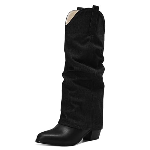 Gueploer Chunky Heels Hohe Stiefel, Frauen Spitz Unter Dem Knie Lange Stiefel Für Party Bankett Täglich,Schwarz,36 EU von Gueploer
