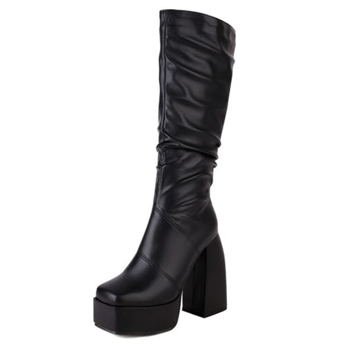 Gueploer Chunky Heels Hohe Stiefel Für Frauen, Square Toe Platfrom Schwarze Knie Lange Stiefel Für Täglich, Party, Abschlussball,Schwarz,35 EU von Gueploer