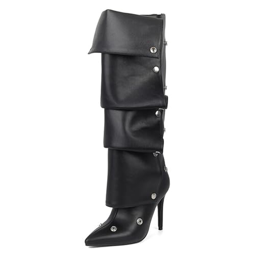 Gueploer Damen Hohe Stiefel, Klassische Spitze Stiletto Lange Stiefel Mit Dünnem Fleecefutter Für Party, Bankett, Tag,Schwarz,32 EU von Gueploer