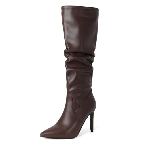 Gueploer Damen Hohe Stiefel, Klassischer Spitzer Stiletto Long Bootd Mit Dünnem Fleecefutter Für Party, Bankett, Abschlussball,Braun,42 EU von Gueploer